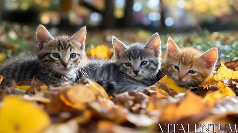 Three Adorable Kittens Playing Among Golden Autumn Leaves