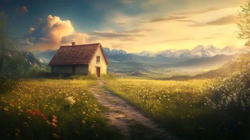 Golden hour cottage in alpine meadow with winding path.