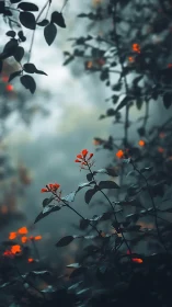 Dark foliage with small orange flowers in misty forest.