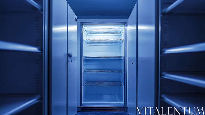 Industrial walk in refrigerator interior with empty shelves.