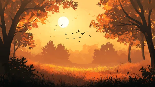 Autumn forest landscape under warm sunset light glow.