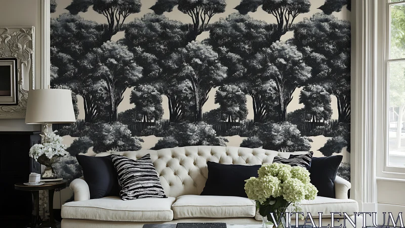 Monochrome forest mural anchors a refined transitional living room