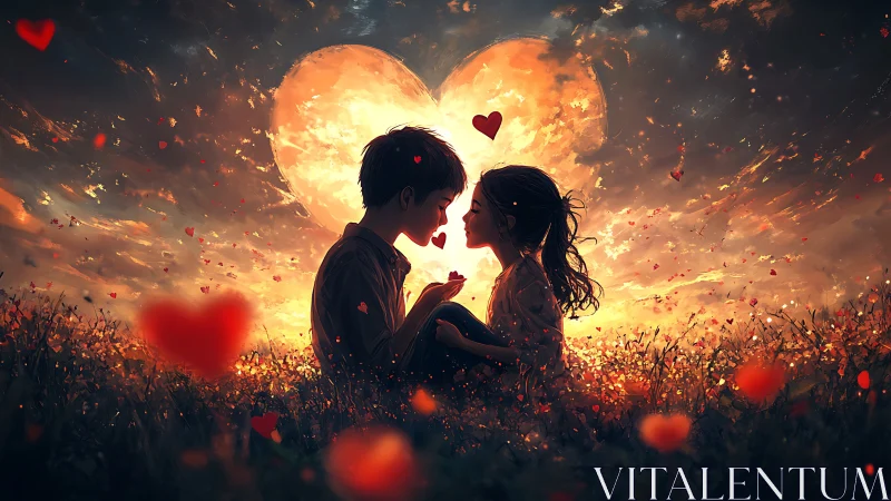 Two silhouetted figures face each other against burning heart-shaped sun