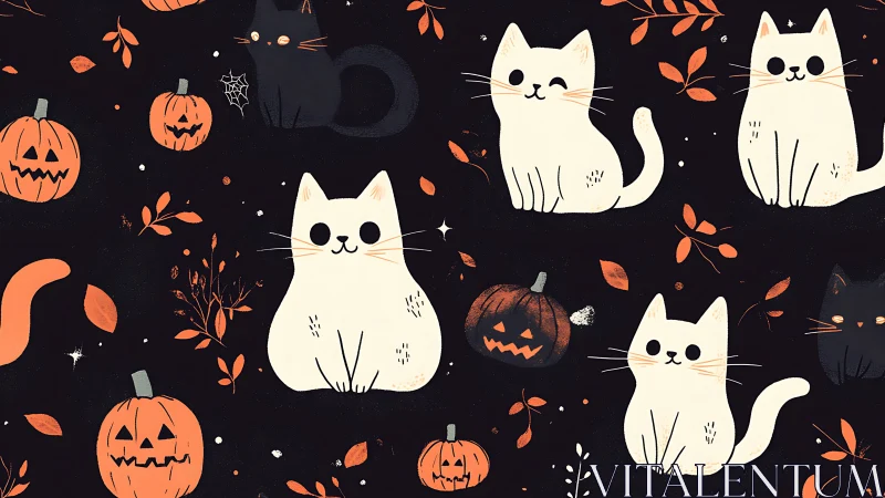 Halloween Cats Pattern with Jack-o-Lanterns and Autumn Details.