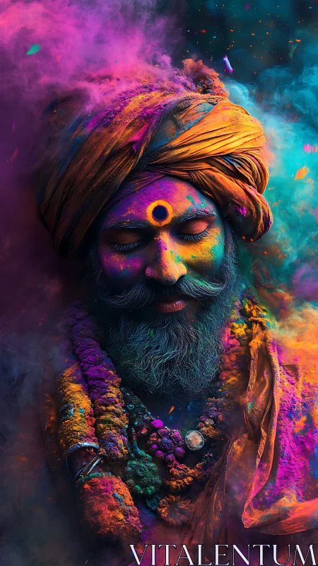 Mystic holy man immersed in radiant festival pigments.