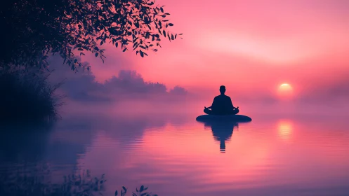 Silhouette meditates on calm lake surface at misty sunrise