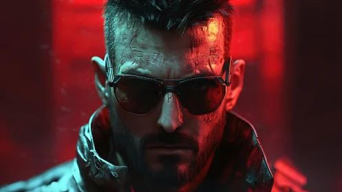 Cybernetic enforcer under neon red backlight, intense gaze.
