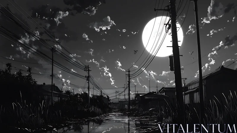 Moonlit suburban street with power lines and wet roadway.