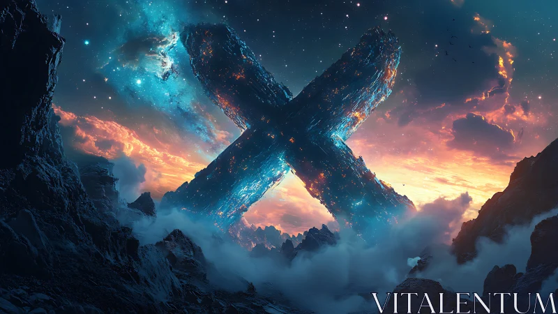 Celestial stone X rising over glowing alien horizon.