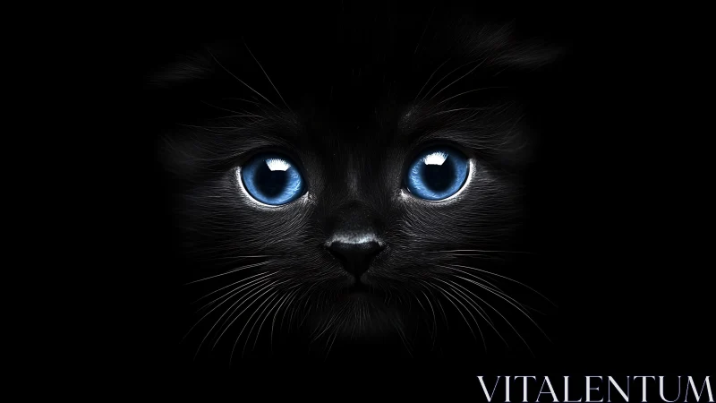 Black Cat with Piercing Blue Eyes Against Dark Background.