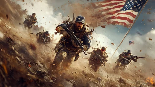 Battle-hardened soldiers charge under a tattered US flag.