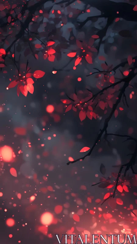 Crimson leaves glow against misty midnight forest canopy.