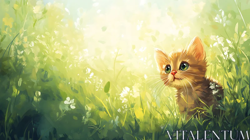 Orange Tabby Kitten Portrait in Luminous Wildflower Meadow.