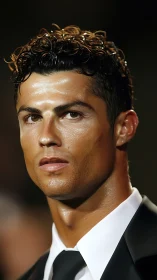 Handsome young man in a sleek suit under warm lights.