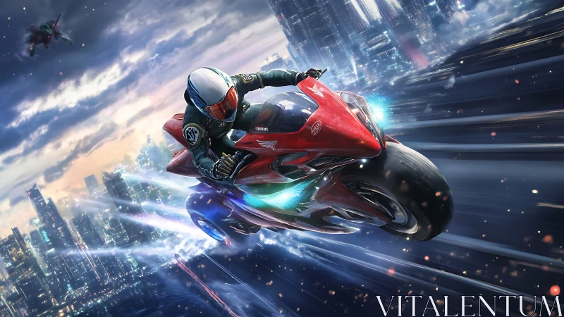 Futuristic red hoverbike races above neon sci fi cityscape.