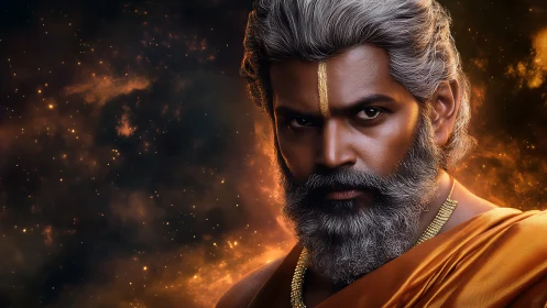 Digital portrait of elder man in saffron robe, cosmic backdrop.