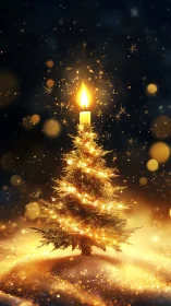 Illuminated fir tree with candle flame in winter landscape.