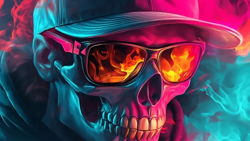 Neon skull portrait with flaming lenses and split lighting.