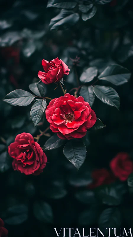 Red roses displayed against dark foliage in botanical context.