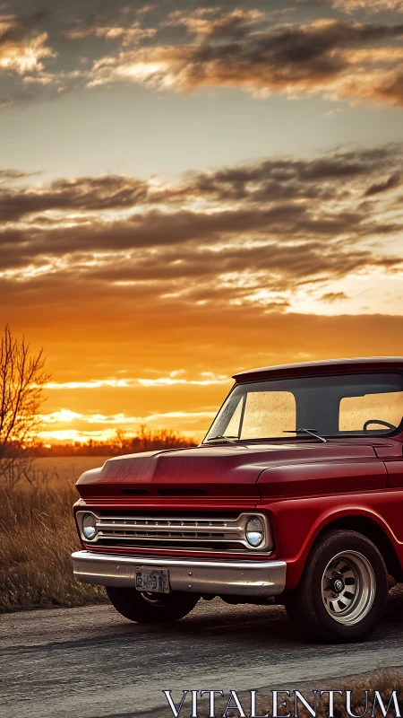 Red vintage pickup truck parked on rural road at sunset
