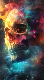 Vivid cosmic skull formed from swirling colorful nebula.