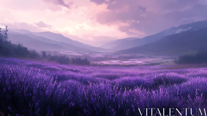 Lavender valley at dusk beneath soft rose-tinted skies.
