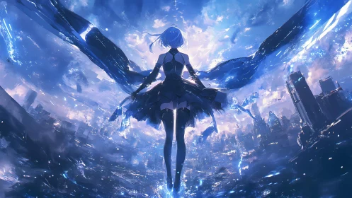 Backlit aerial anime figure above luminous blue megacity skyline.