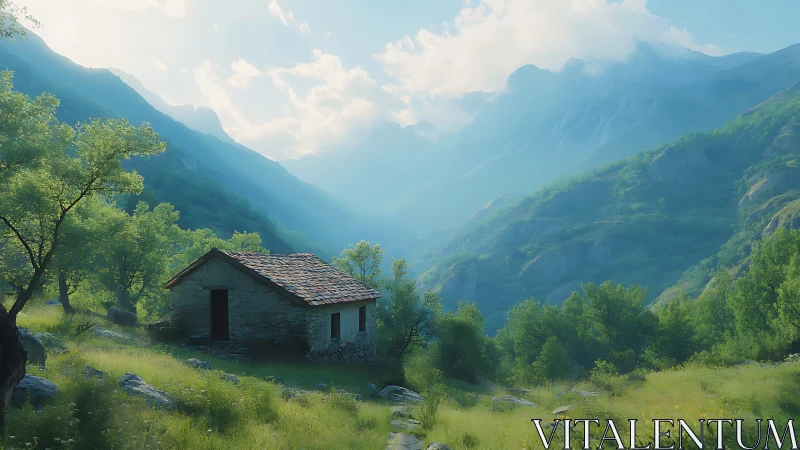 Stone cabin in green valley with distant blue mountains.
