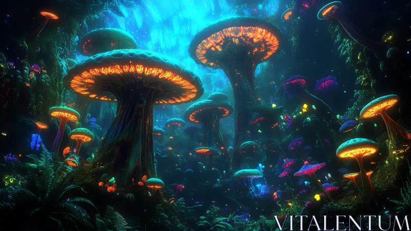 Glowing forest of giant mushrooms in a dreamy night world.