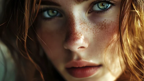 Close portrait of freckled face with intense green eyes.