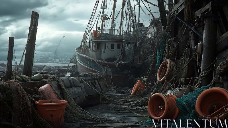 Weathered fishing boat in cluttered harbor alleyway.