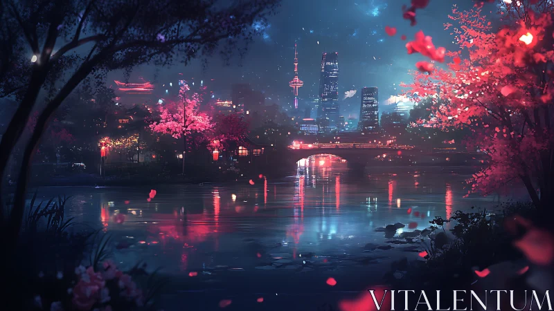 Neon-lit riverside skyline with cherry blossoms at twilight