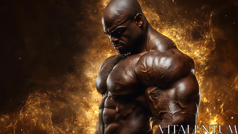 Muscular male bodybuilder against fiery abstract glow.