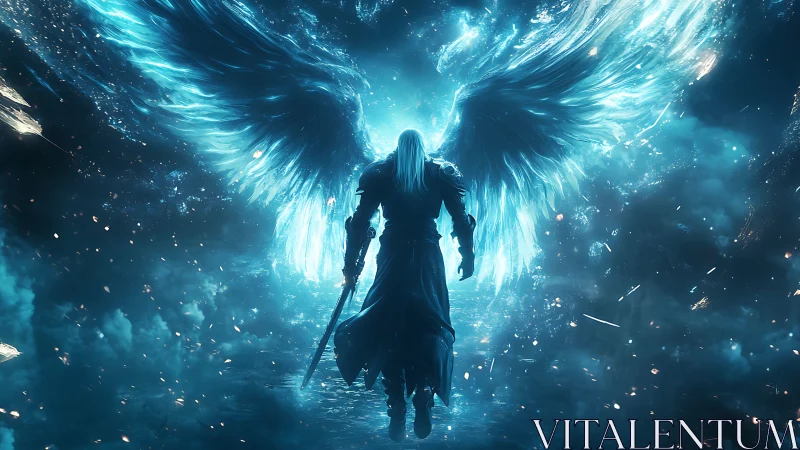 Celestial swordsman rising beneath luminous ethereal wings.