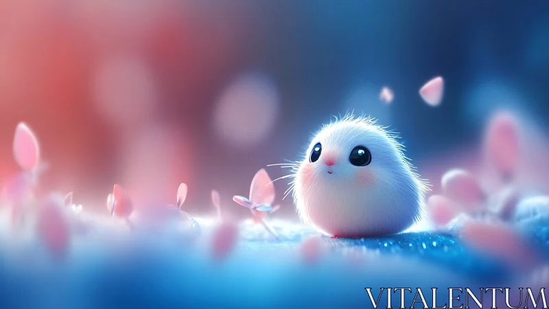 Tiny fluffy creature glows softly in a dreamy pastel world