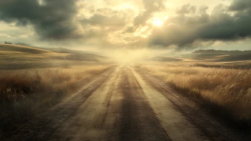 Rural dirt road through misty fields under low sun.