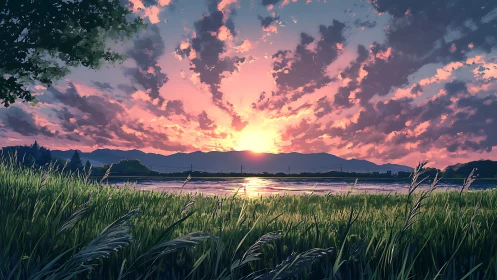 Sunset illuminates river, grass foreground, and distant hills