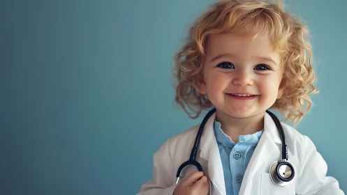 Young child in white medical coat with stethoscope against blue background.