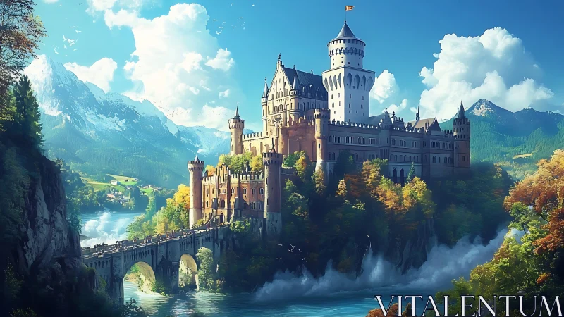 Sunlit cliffside castle overlooking a dreamy mountain valley.