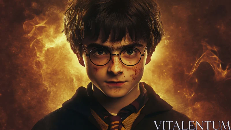 Cinematic fantasy portrait of a bespectacled boy amid fiery aura
