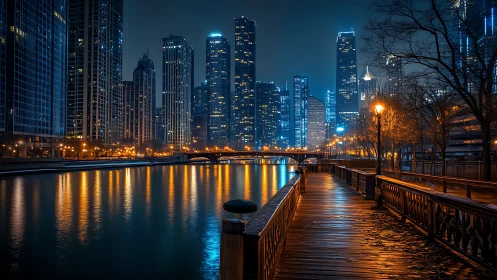Cozy riverside boardwalk glowing beneath a vivid city night.