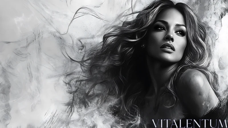 Monochrome portrait merges smoke and flowing hair.