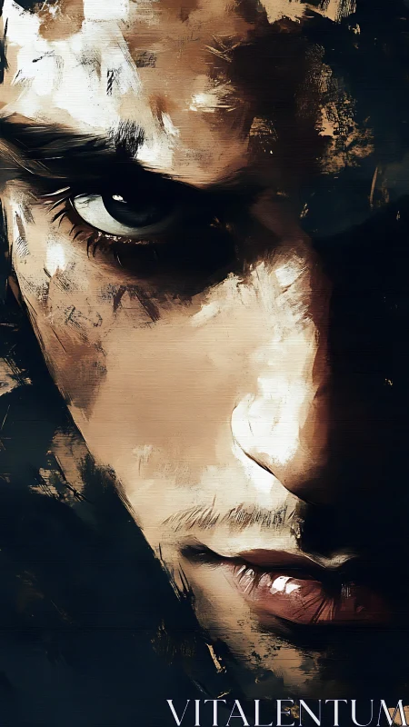 Intense painted portrait isolates a brooding, shadowed gaze