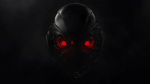 Midnight cyber mask with glowing red machine eyes.