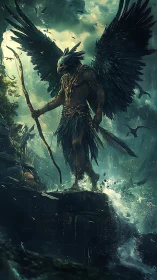 Mythic avian warrior in storm-forged jungle composition.
