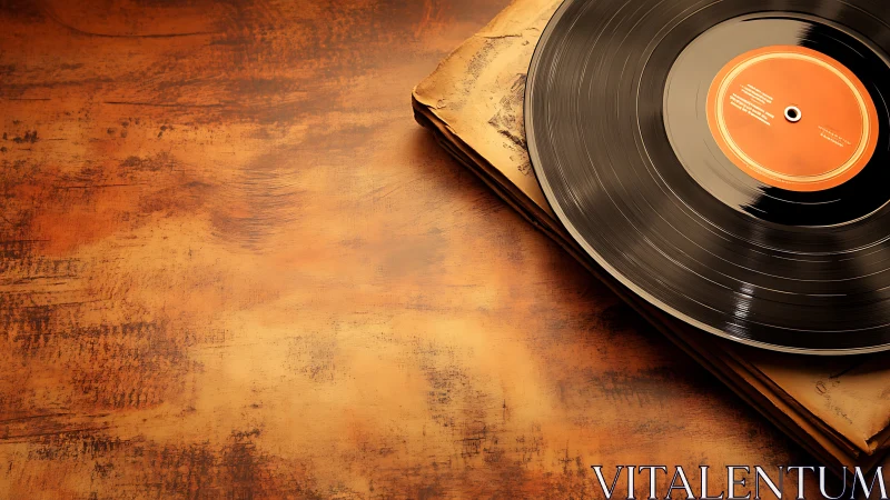 Vintage vinyl record resting on worn album sleeve tabletop.