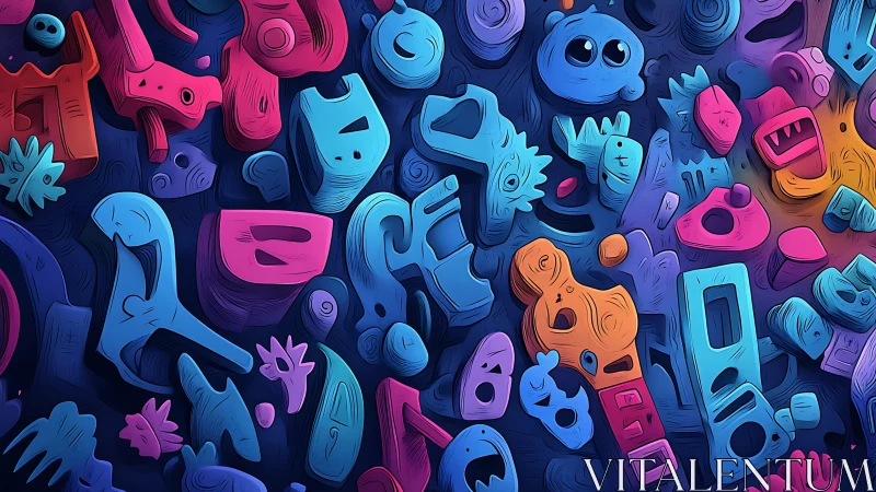 Playful abstract totems in layered neon cartoon relief.