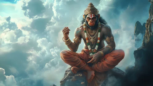 Simian deity in aerial meditation amid volumetric cloudscape.