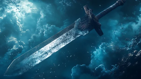 Skyborne crystal sword drifting through stormlit clouds.
