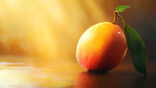 Ripe mango with leaf in warm directional sunlight.